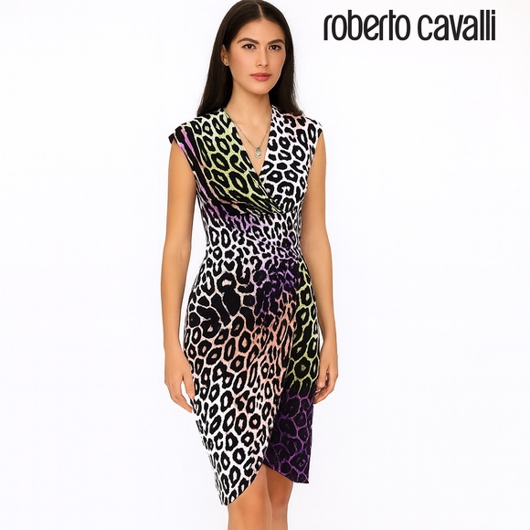 🆕🏷️ Multicolor animal print asymmetrical dress. by Roberto Cavalli - Picture 1 of 15